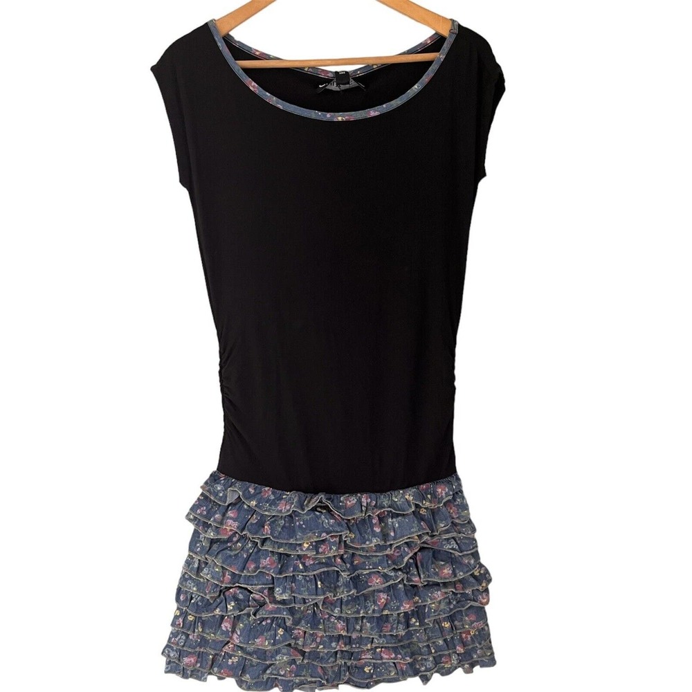 Only LimitLess Denim Tier Ruffle Black and Blue Floral Cinch Dress Size 34 XS
